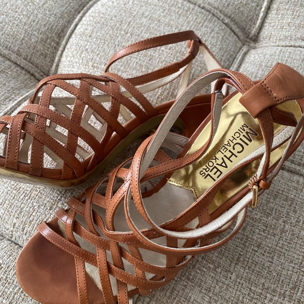 Michael Kors: Women's Tan Strappy High Heel Sandals - Picture 3 of 4